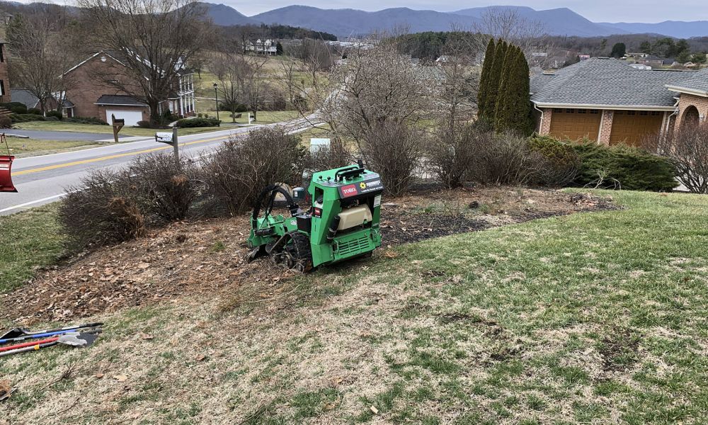 Wide Angle Shot Of A Big Lawn Area With A Stump Grinder Machine Working For Tree Stump Removal