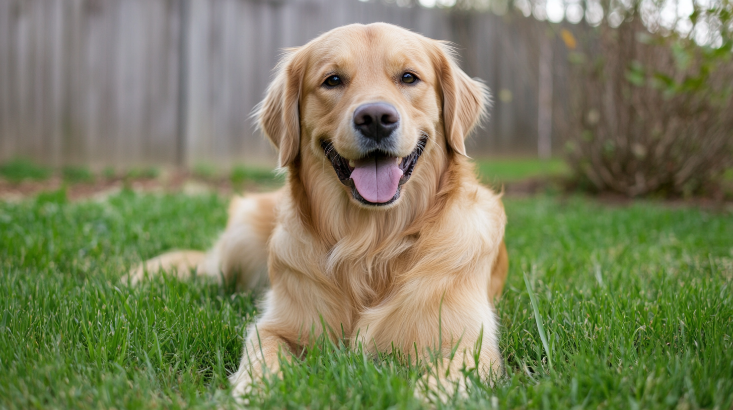 Golden Retriever Dog On Lush Green Lawn Free Of Grub Ex