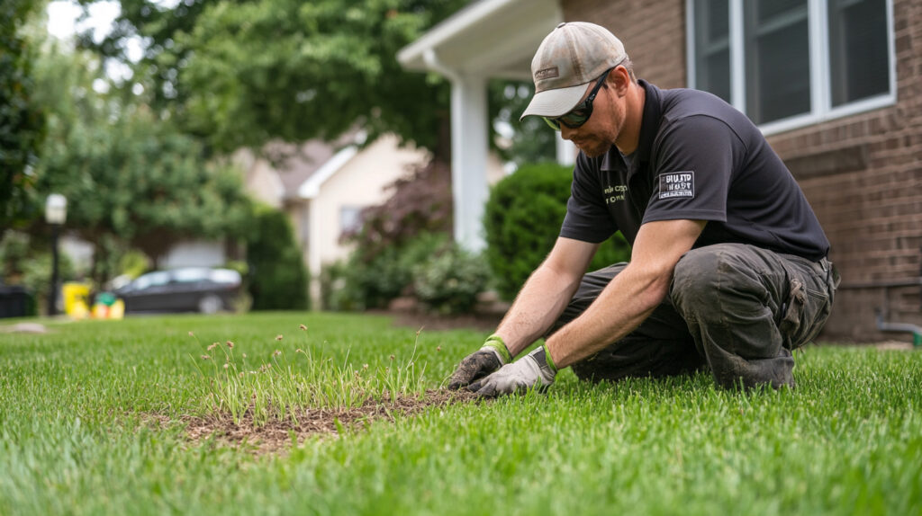 Man Spreading Lime On Bare Spot In Residential Yard And Removing Weeds